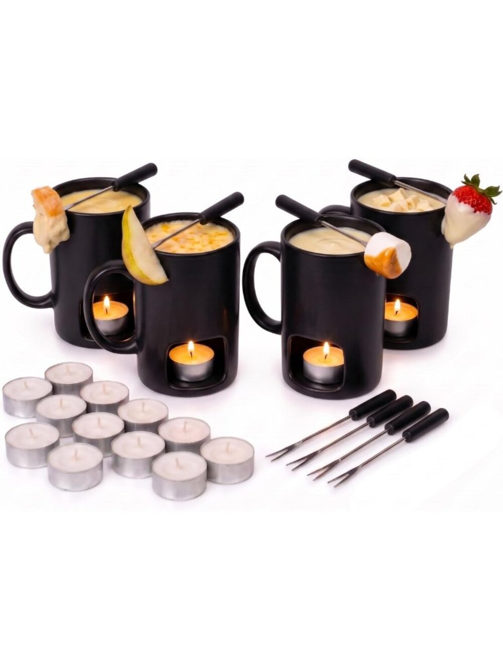 Ceramic Mini Fondue Pot Set - 4 Mugs for Chocolate & Cheese, 8 Forks, 16 Candles